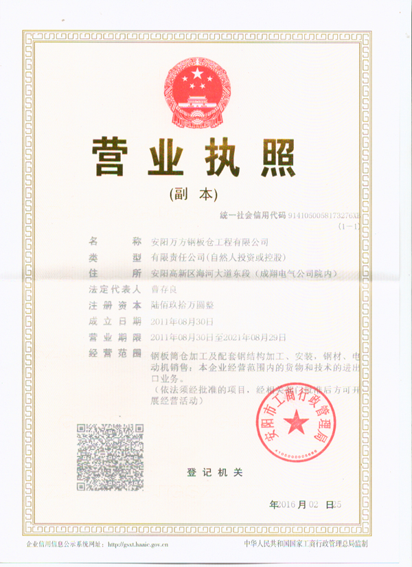 Business license of enterprise legal person